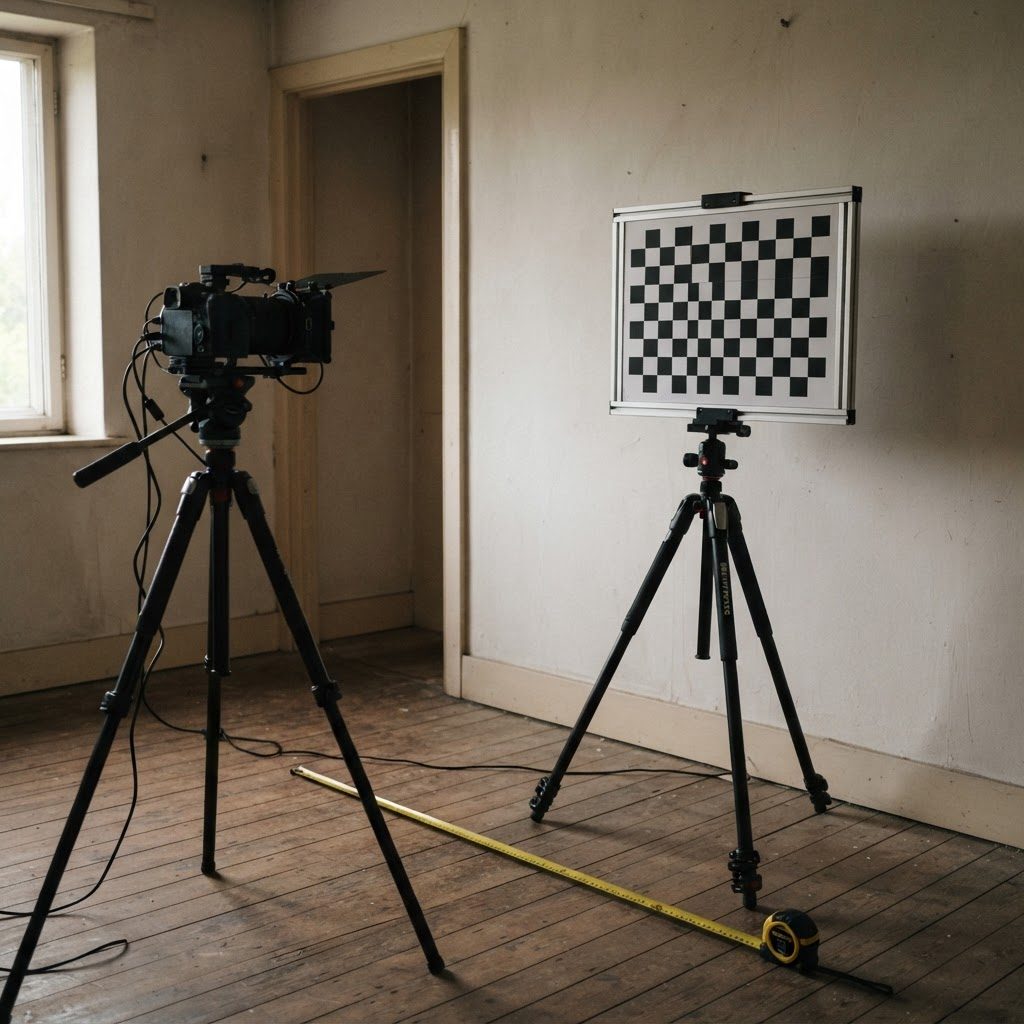 A checkerboard calibration target on a tripod facing a camera rig in a plain room.