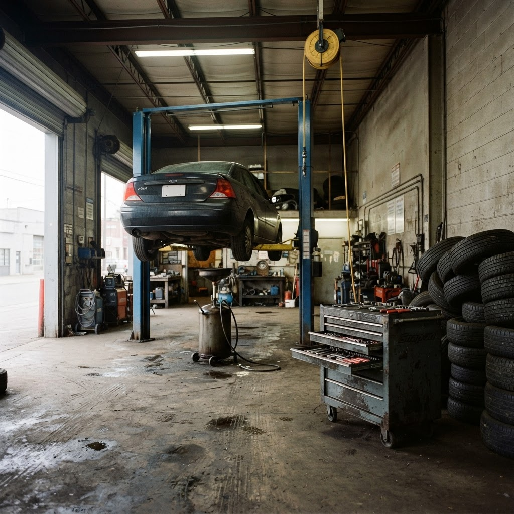 An automotive service bay with a car on a two-post hoist and a rolling tool chest