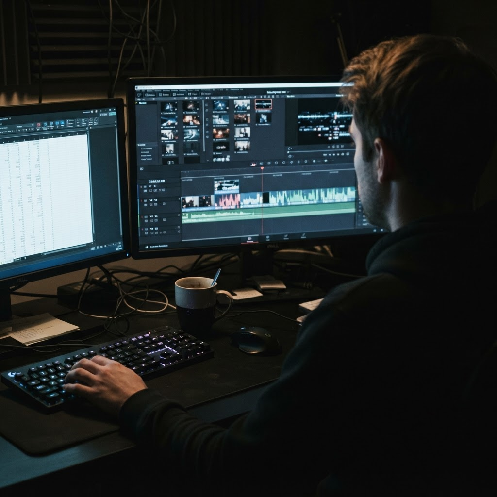 A dim multi-monitor QA workstation showing synchronized video tracks on a timeline next to a spreadsheet of measurements.