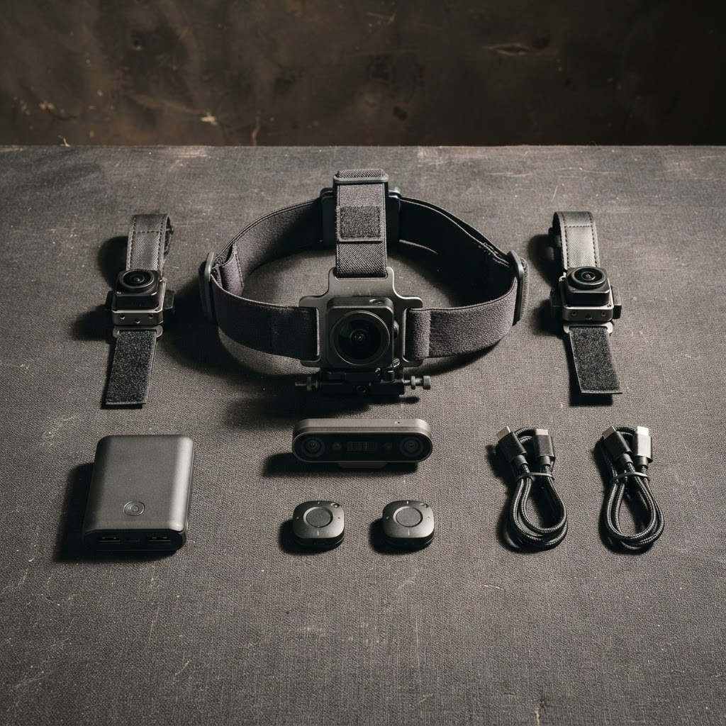A head-mounted capture rig disassembled and laid out: head camera, two wrist cameras, depth sensor, IMU pucks, cables and battery pack.